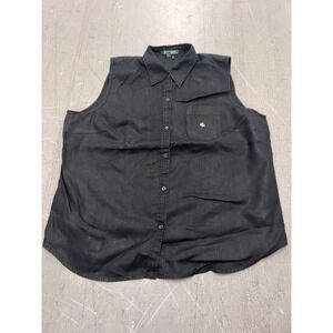 Lauren Ralph Lauren Shirt Womens XL Black Sleeveless Collared Button-Up Classic